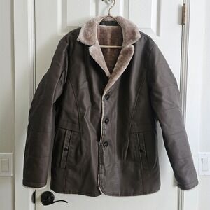 Men's Brown Faux-leather Bomber Style Jacket Size L Faux Fur Lined NWOT